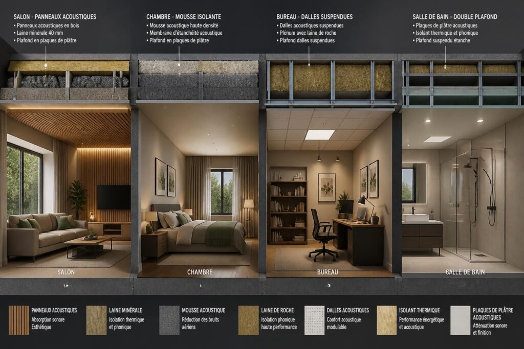 Isolation phonique du plafond : solutions efficaces pièce par pièce